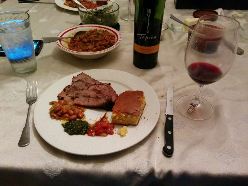 Santa Maria style tri-tip with salsas and corn bread