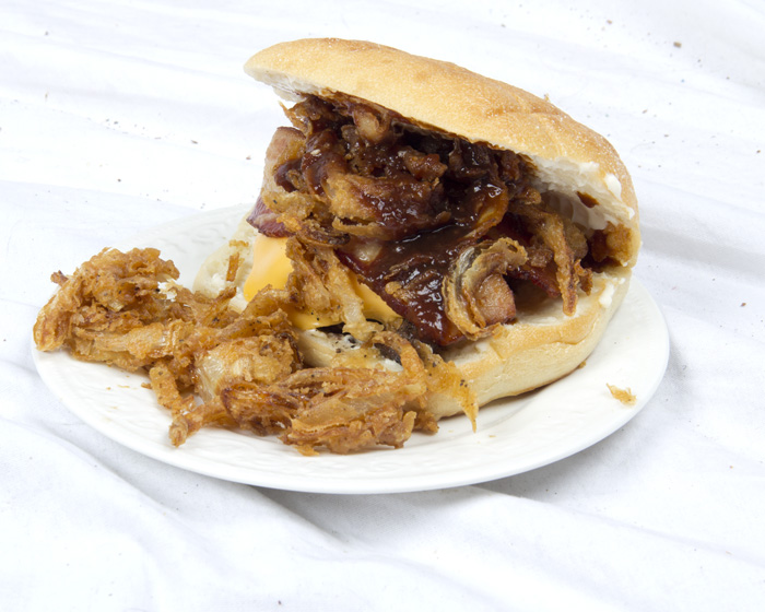 Bacon Cheeseburger with Beer-Battered Onion Rings and Katsu Sauce