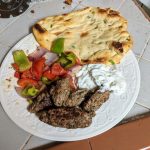 Kofta Kebabs with roasted vegetables and naan