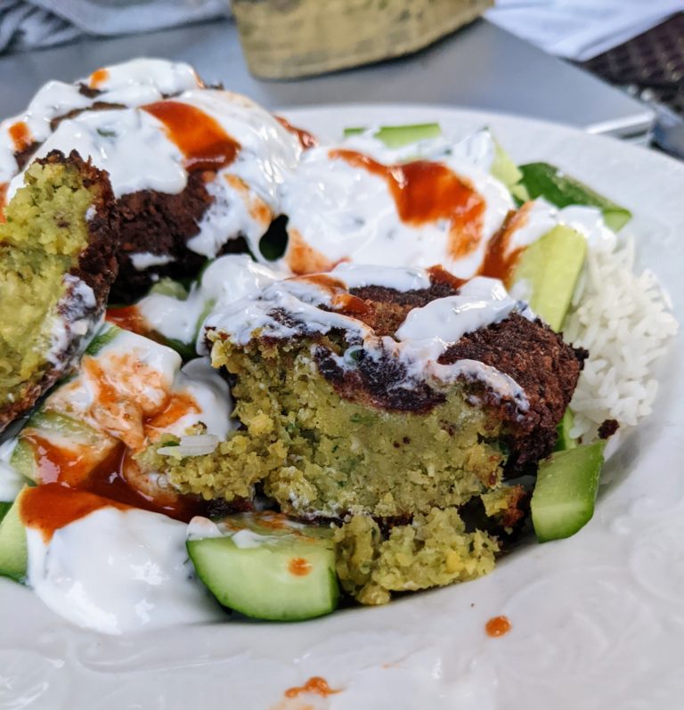 Falafel on a salad cut open